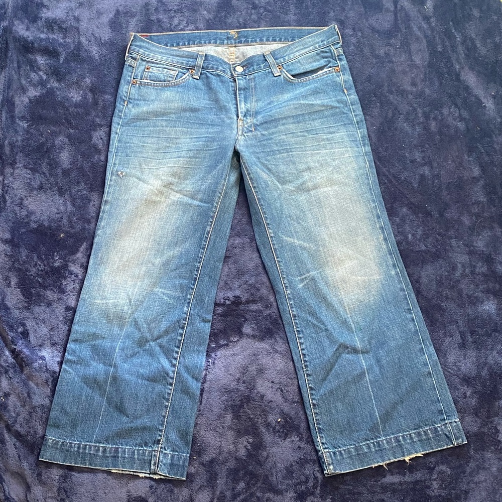 7 For All Mankind Cropped Wide Leg Jeans Size 32 Blue Distressed Hem Denim